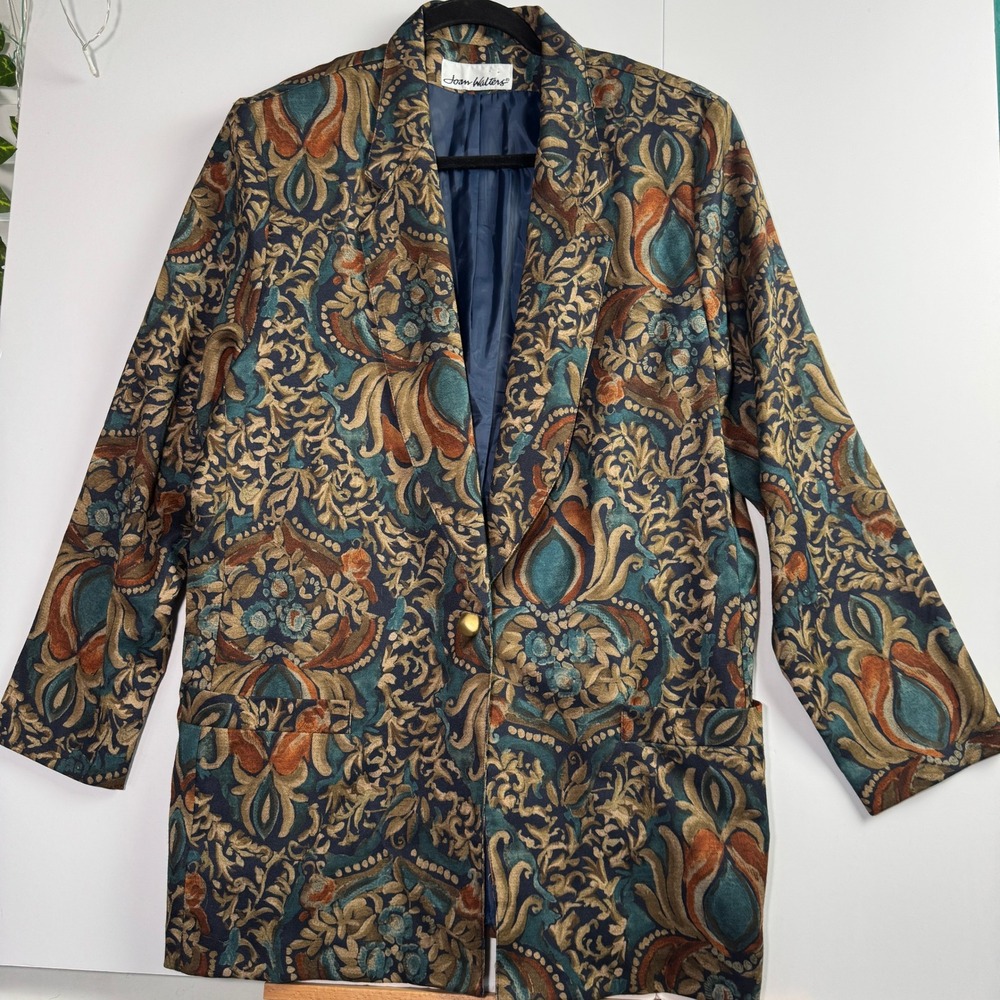 Joan Walters Vintage Damask Tapestry Blazer Jacket Teal Rust Gold Longline